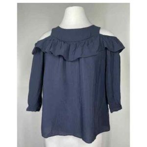 maeve Anthropologie Maeve Navy Blue Ruffle Cold Shoulder Top Sz 4